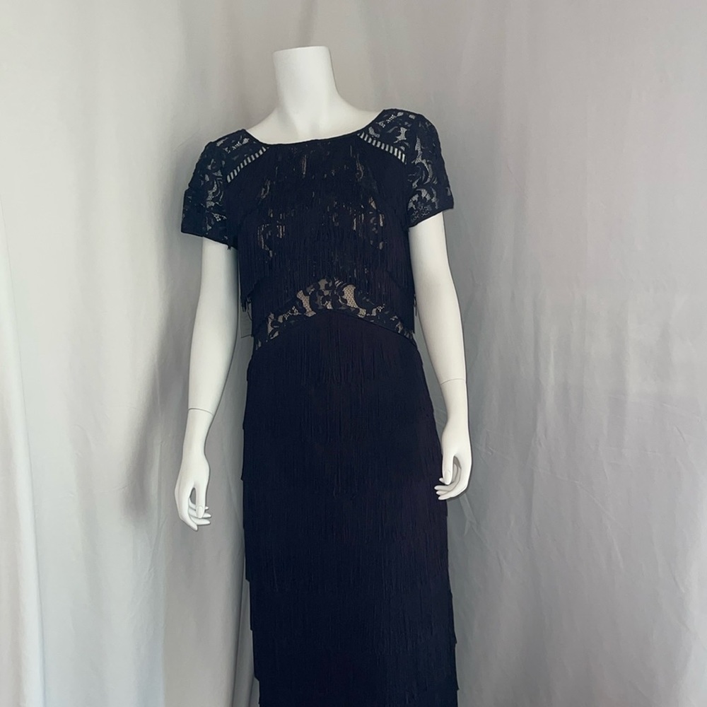 From Bloomingdale’s  navy long evening gown with all fringes and fully lined - Picture 3 of 17